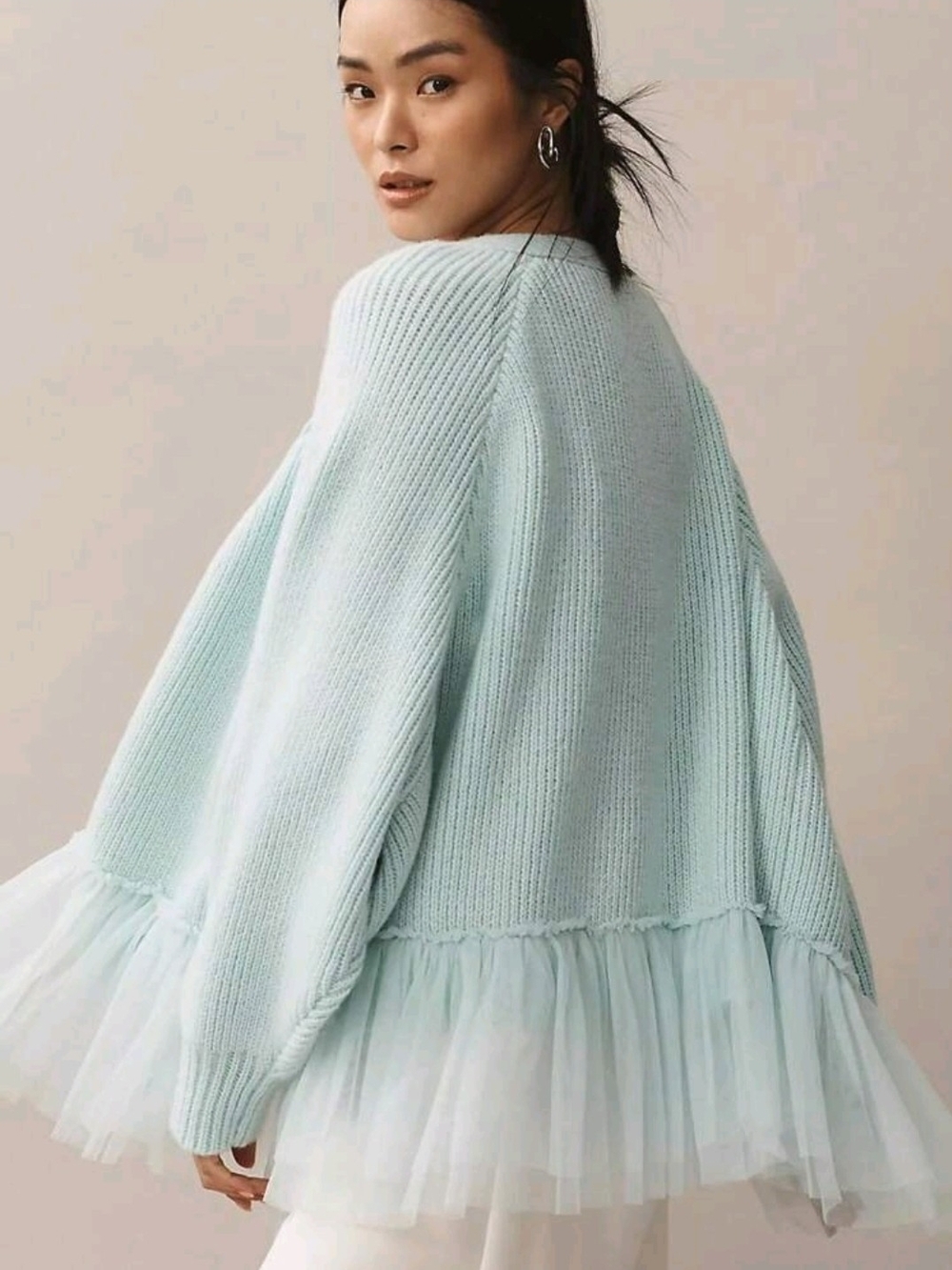 SHEIN MINTY BLUE TULLE TRIM SWEATER CARDIGAN SZ M L XL